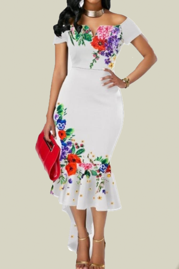 White Sexy Print Patchwork Off the Shoulder Trumpet Mermaid Dresses