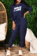 Navy Blue Fashion Casual Print Patchwork O Neck Long Sleeve Two Pieces