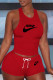 Red Casual Sportswear Embroidery Basic O Neck Sleeveless Two Pieces