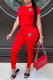 Red Fashion Casual Solid Patchwork O Neck Short Sleeve Two Pieces
