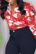 Red Fashion Casual Print Strap Design Turndown Collar Tops