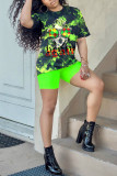 Multicolor Fashion Casual Print Basic O Neck Short Sleeve Two Pieces
