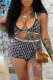 Black Fashion Sexy Print Backless Halter Sleeveless Two Pieces