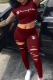Burgundy Sportswear Print Ripped Hooded Collar Short Sleeve Two Pieces