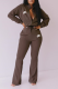 Coffee Casual Print Patchwork Turndown Collar Long Sleeve Two Pieces