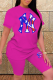 Rose Red Casual Print Patchwork O Neck Short Sleeve Two Pieces