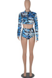 Pink Fashion Casual Print Basic Zipper Collar Long Sleeve Two Pieces