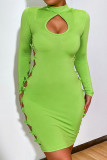 Green Sexy Casual Solid Hollowed Out Turtleneck Long Sleeve Dresses