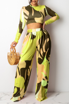 Yellow Casual Print Split Joint O Neck Long Sleeve Two Pieces