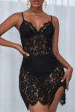 Black Sexy Solid Hollowed Out See-through Backless V Neck Sling Dress