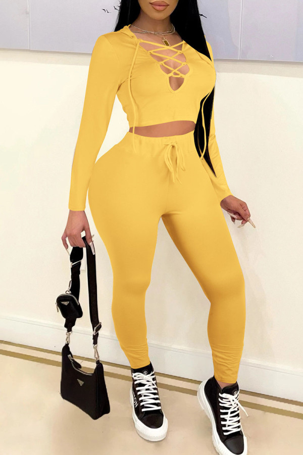 Yellow Casual Solid Patchwork Frenulum Hooded Collar Long Sleeve Two Pieces