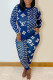 Blue Fashion Street Print Patchwork O Neck Long Sleeve Two Pieces
