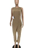 Black Street Solid Patchwork Pocket Zipper O Neck Loose Jumpsuits