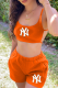 Tangerine Red Casual Print Hollowed Out Spaghetti Strap Sleeveless Two Pieces