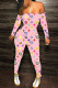 Pink Sexy Print Patchwork Off the Shoulder Skinny Jumpsuits