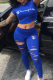 Royal Blue Sportswear Print Ripped Hooded Collar Short Sleeve Two Pieces