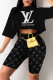 Black Fashion Casual Print Basic O Neck Short Sleeve Two Pieces