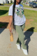 Army Green Casual Print Patchwork O Neck Short Sleeve Two Pieces