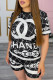 Black Fashion Casual Print Basic O Neck Short Sleeve Two Pieces