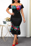White Sexy Print Patchwork Off the Shoulder Trumpet Mermaid Dresses