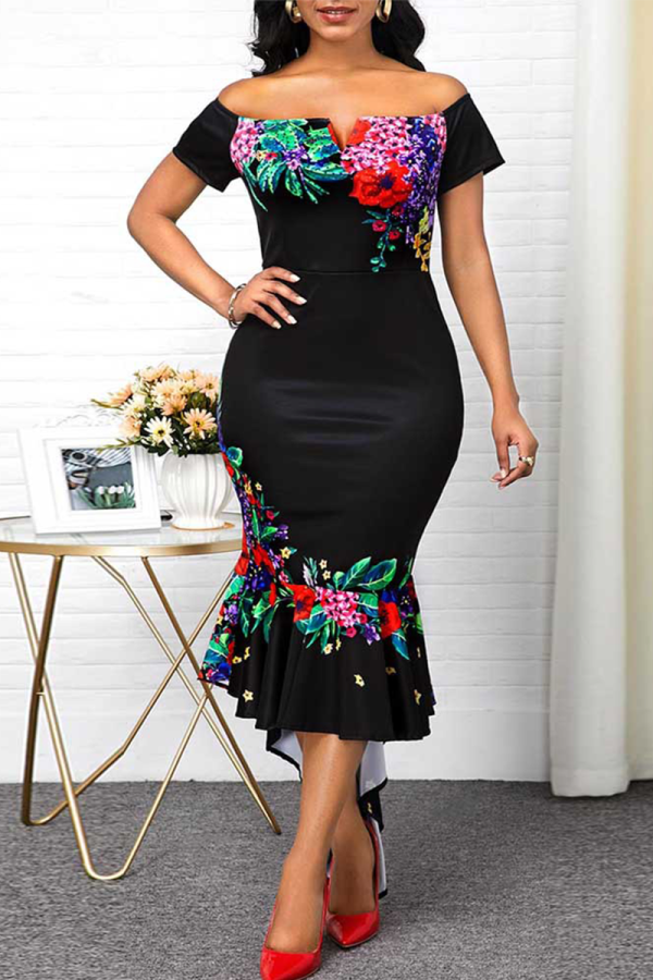 Black Sexy Print Patchwork Off the Shoulder Trumpet Mermaid Dresses