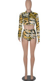 Pink Fashion Casual Print Basic Zipper Collar Long Sleeve Two Pieces