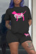 Black Fashion Casual Letter Print Basic O Neck Short Sleeve Two Pieces