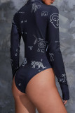 Black Sexy Casual Print Basic Turtleneck Long Sleeve Skinny Romper