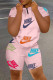 Pink Fashion Casual Print Basic O Neck Short Sleeve Two Pieces