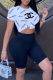 White Blue Casual Print Patchwork O Neck High Waist T-Shirts （Only with short sleeves）