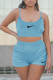 Light Blue Sportswear Patchwork Embroidered Hollowed Out Spaghetti Strap Sleeveless Two Pieces