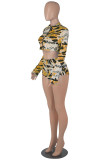 Pink Fashion Casual Print Basic Zipper Collar Long Sleeve Two Pieces