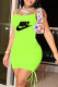 Fluorescent Green Sexy Print Patchwork Draw String Spaghetti Strap A Line Dresses