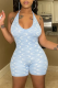 Sky Blue Sexy Print Patchwork Halter Skinny Rompers