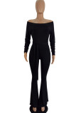Black Sexy Solid Patchwork With Belt Off the Shoulder Boot Cut Jumpsuits(Contain The Belt)