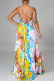 Multicolor Sexy Print Patchwork Backless Flounce Asymmetrical V Neck Sling Dress Dresses