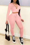 Pink Casual Solid Patchwork Frenulum Hooded Collar Long Sleeve Two Pieces