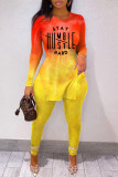 Yellow Fashion Casual Print Slit O Neck Long Sleeve Two Pieces