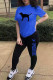Blue Fashion Casual Print Basic O Neck Short Sleeve Two Pieces