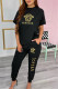 Black Fashion Casual Print Basic O Neck Short Sleeve Two Pieces