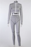 Grey Casual Sportswear Patchwork Basic Zipper Collar Long Sleeve Two Pieces