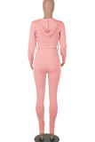 Pink Casual Solid Patchwork Frenulum Hooded Collar Long Sleeve Two Pieces