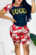 Red Casual Print Patchwork O Neck Short Sleeve Two Pieces