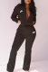 Black Casual Print Patchwork Turndown Collar Long Sleeve Two Pieces