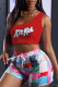 Burgundy Casual Print Patchwork One Shoulder Sleeveless Two Pieces