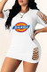 White Fashion Sexy Print Ripped O Neck Short Sleeve Dress
