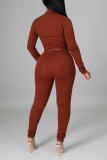 Tangerine Red Casual Solid Split Joint Zipper Collar Long Sleeve Two Pieces