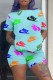 Light Blue Fashion Casual Print Basic O Neck Short Sleeve Two Pieces