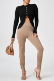 Black Fashion Casual Solid Buttons Slit O Neck Tops
