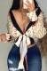 Beige Fashion Casual Print Strap Design Turndown Collar Tops